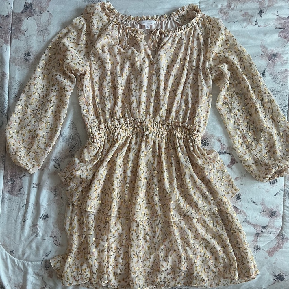 LC Lauren Conrad Cream and Yellow Floral Peasant Dress